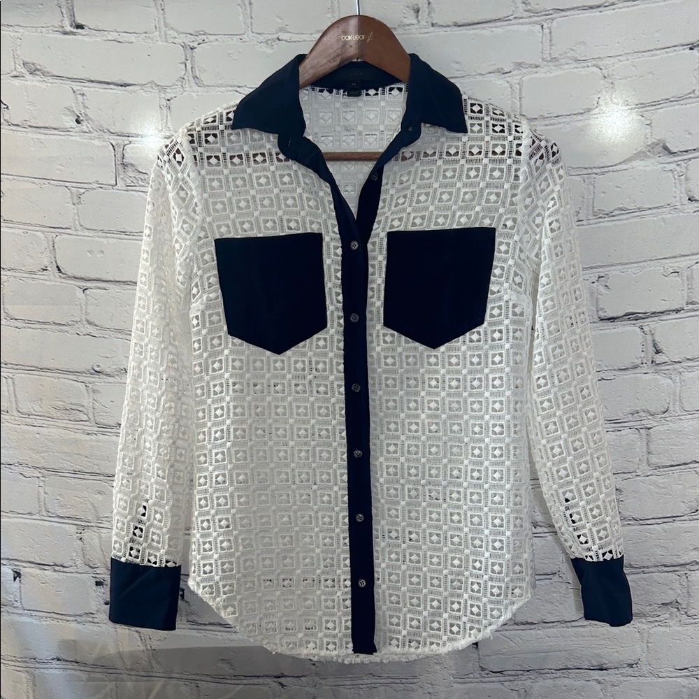 J. Crew White and Navy Blue Sheer Button-Up Blouse Size 00 Excellent Condition